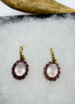 Vintage Pink Rose Quartz Chandelier Drop Gemstone Gold 925 Sterling Silver Earrings