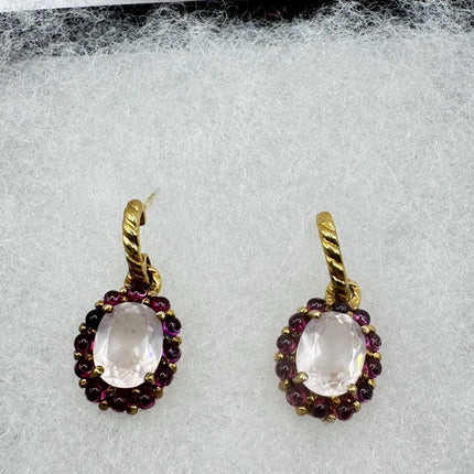 Vintage Pink Rose Quartz Chandelier Drop Gemstone Gold 925 Sterling Silver Earrings