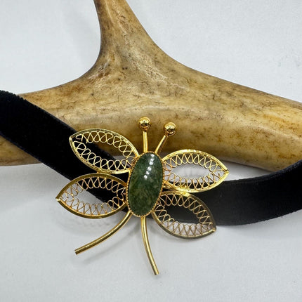 Vintage TINY Dragonfly Green Jade Brooch Pin - Gold Filled with Velvet Choker - Small Scatter Pin Lucky Jade Design