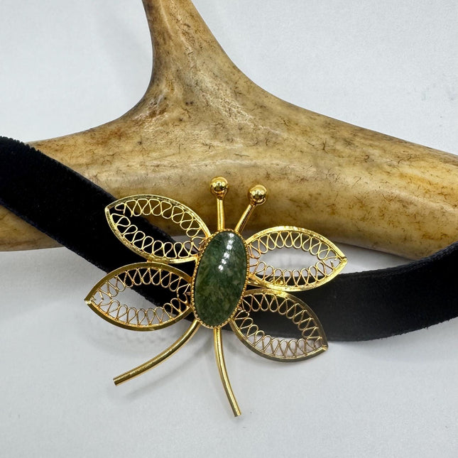 Vintage TINY Dragonfly Green Jade Brooch Pin - Gold Filled with Velvet Choker - Small Scatter Pin Lucky Jade Design