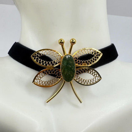 Vintage TINY Dragonfly Green Jade Brooch Pin - Gold Filled with Velvet Choker - Small Scatter Pin Lucky Jade Design