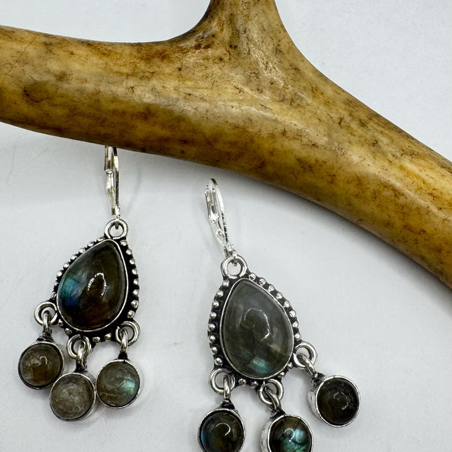 Vintage Labradorite Dangle Earrings Sterling Silver Design Statement Leverbacks