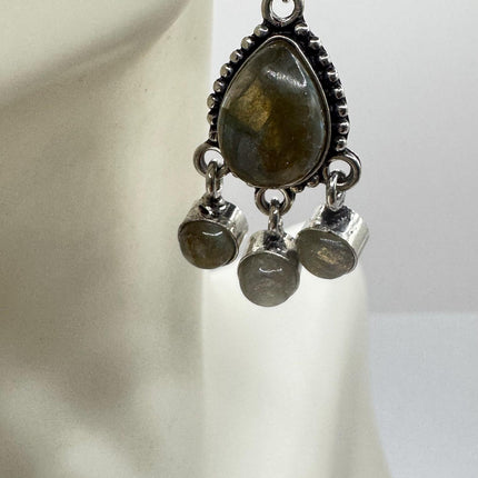 Vintage Labradorite Dangle Earrings Sterling Silver Design Statement Leverbacks