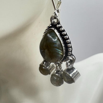 Vintage Labradorite Dangle Earrings Sterling Silver Design Statement Leverbacks