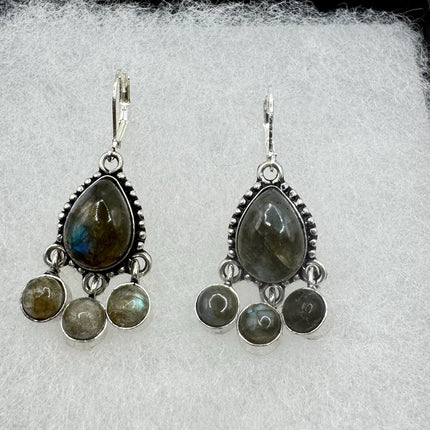 Vintage Labradorite Dangle Earrings Sterling Silver Design Statement Leverbacks