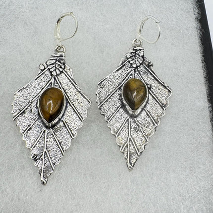 Vintage Tigers Eye Dangle Earrings Sterling Silver Design Statement Leverbacks