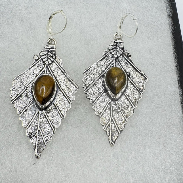 Vintage Tigers Eye Dangle Earrings Sterling Silver Design Statement Leverbacks