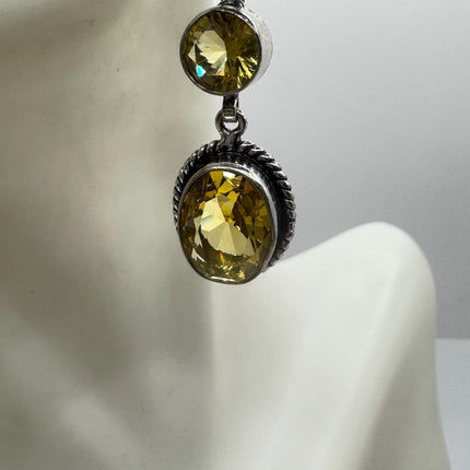 Vintage Yellow Citrine Glass Silver Earrings