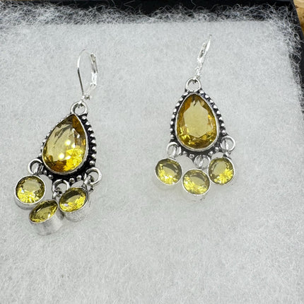 Vintage Yellow Citrine Glass Silver Earrings