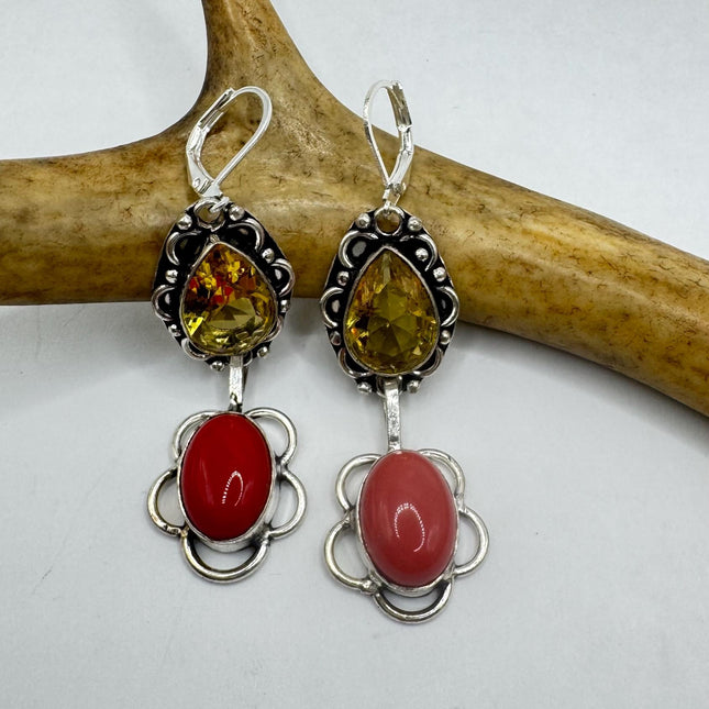 Vintage Yellow Citrine Red Coral Glass Silver Earrings