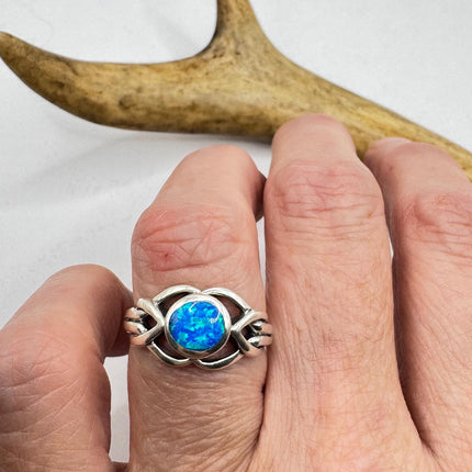Vintage Blue Opal Silver Ring |Celtic Boho Statement Wedding Band Ring 925 Sterling Silver Band