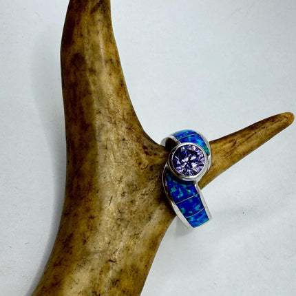 Vintage Blue Opal Purple Amethyst Silver Ring |Celtic Boho Statement Wedding Band Ring 925 Sterling Silver Band