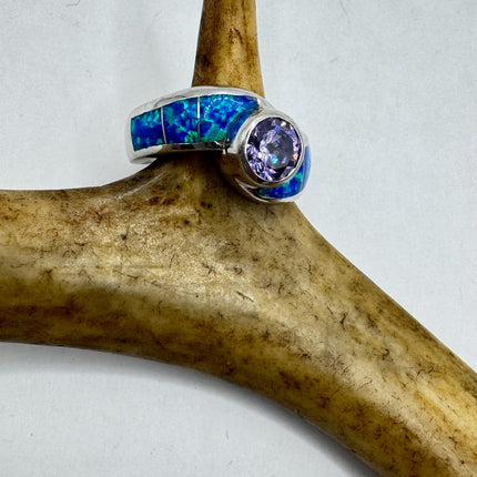 Vintage Blue Opal Purple Amethyst Silver Ring |Celtic Boho Statement Wedding Band Ring 925 Sterling Silver Band