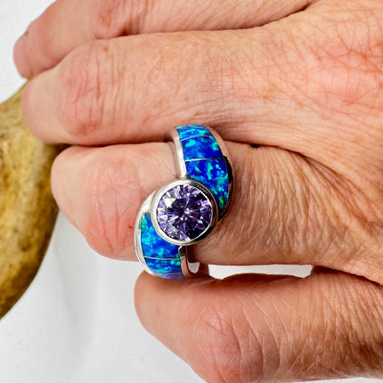 Vintage Blue Opal Purple Amethyst Silver Ring |Celtic Boho Statement Wedding Band Ring 925 Sterling Silver Band