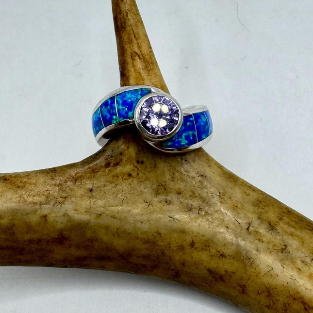 Vintage Blue Opal Purple Amethyst Silver Ring |Celtic Boho Statement Wedding Band Ring 925 Sterling Silver Band