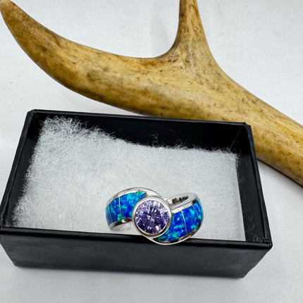 Vintage Blue Opal Purple Amethyst Silver Ring |Celtic Boho Statement Wedding Band Ring 925 Sterling Silver Band