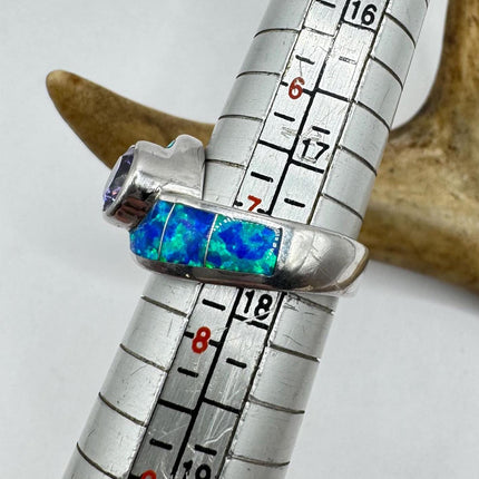 Vintage Blue Opal Purple Amethyst Silver Ring |Celtic Boho Statement Wedding Band Ring 925 Sterling Silver Band