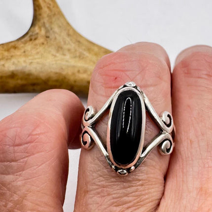 Vintage Black Onyx Cocktail Ring 925 Sterling Silver Band Deco Antique Cocktail Statement ring