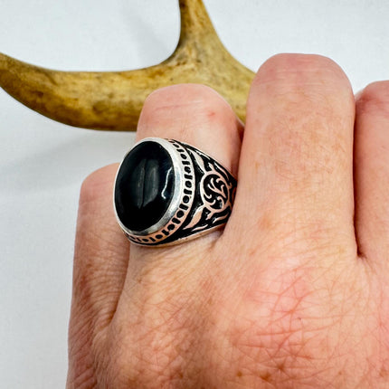 Vintage Black Onyx Mens Ring 925 Sterling Silver Band Deco Antique Cocktail Statement ring