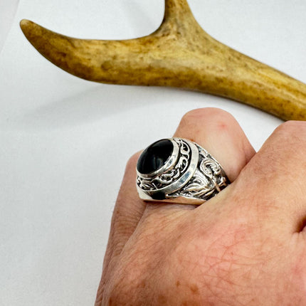 Vintage Black Onyx Mens Ring 925 Sterling Silver Band Deco Antique Cocktail Statement ring
