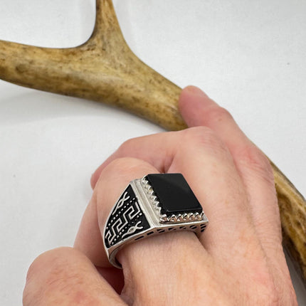 Vintage Black Onyx Mens Ring 925 Sterling Silver Band Deco Antique Cocktail Statement ring