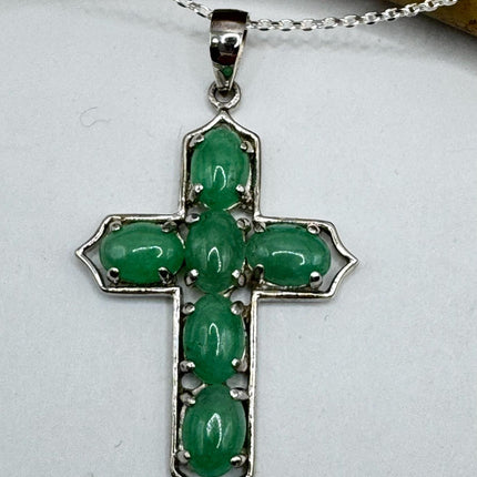 Vintage Green Jade Cross Deco Choker Pendant Necklace - 925 Sterling Silver chain
