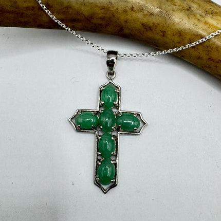 Vintage Green Jade Cross Deco Choker Pendant Necklace - 925 Sterling Silver chain