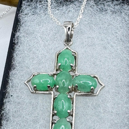 Vintage Green Jade Cross Deco Choker Pendant Necklace - 925 Sterling Silver chain