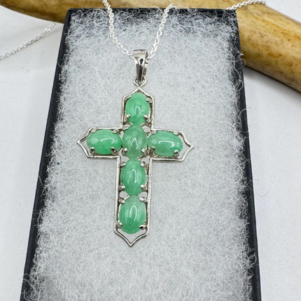 Vintage Green Jade Cross Deco Choker Pendant Necklace - 925 Sterling Silver chain