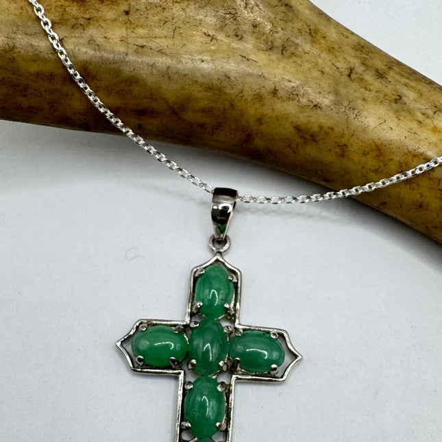 Vintage Green Jade Cross Deco Choker Pendant Necklace - 925 Sterling Silver chain