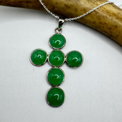 Vintage Green Jade Cross Deco Choker Pendant Necklace - 925 Sterling Silver chain