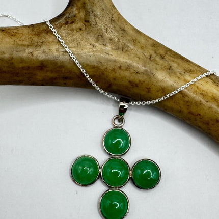 Vintage Green Jade Cross Deco Choker Pendant Necklace - 925 Sterling Silver chain