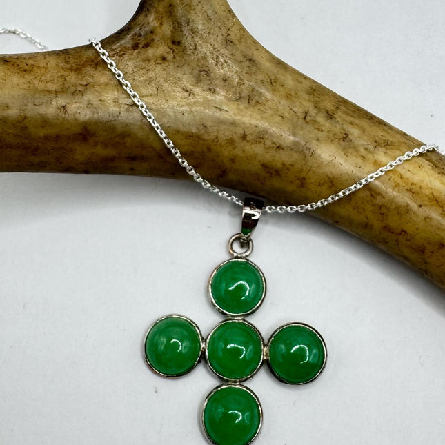 Vintage Green Jade Cross Deco Choker Pendant Necklace - 925 Sterling Silver chain