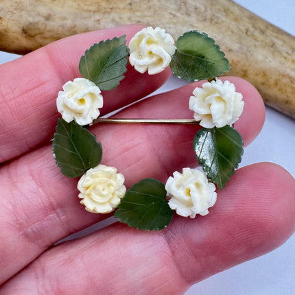 Vintage ivory flower and Green jade rose Brooch Pin - Gold Filled - Unique and Stylish Accessory
