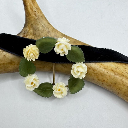 Vintage ivory flower and Green jade rose Brooch Pin - Gold Filled - Unique and Stylish Accessory