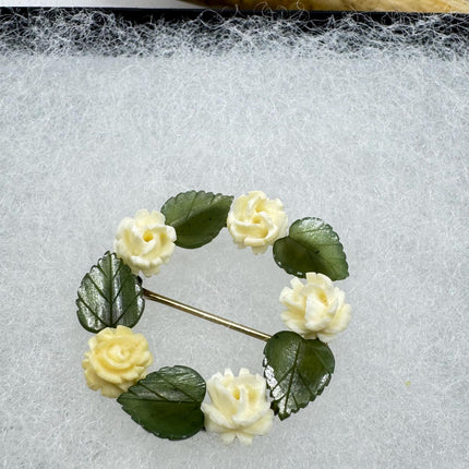 Vintage ivory flower and Green jade rose Brooch Pin - Gold Filled - Unique and Stylish Accessory