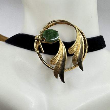 Vintage Green Jade Brooch Pin - Gold Filled with Velvet Choker - Small Lucky Design