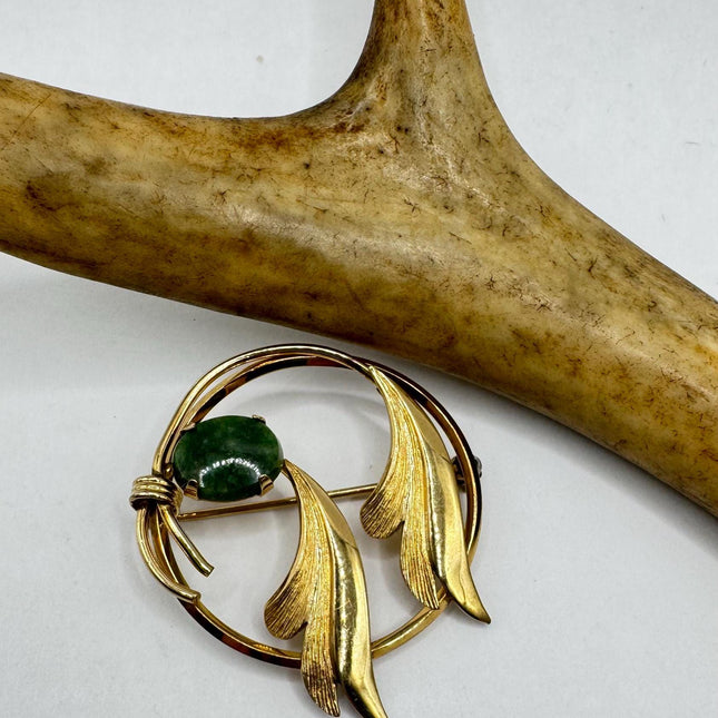 Vintage Green Jade Brooch Pin - Gold Filled with Velvet Choker - Small Lucky Design