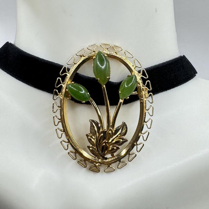 Vintage Green Jade Brooch Pin - Gold Filled with Velvet Choker - Small Lucky Design