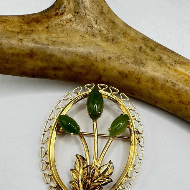 Vintage Green Jade Brooch Pin - Gold Filled with Velvet Choker - Small Lucky Design