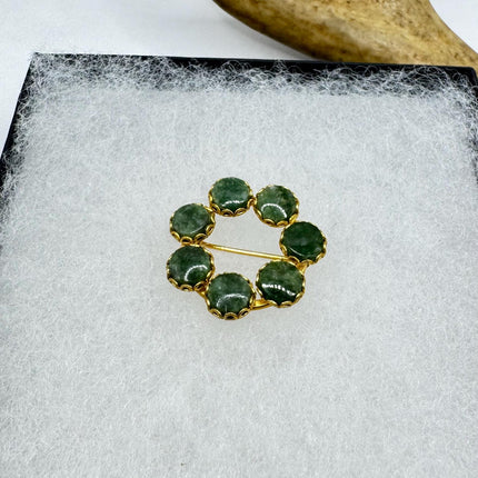 Vintage Green Jade Brooch Pin - Gold Filled with Velvet Choker - Small Lucky Jade Design
