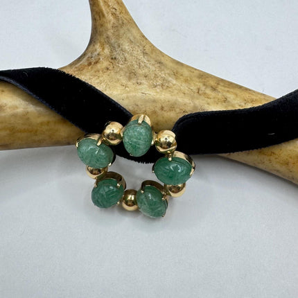 Vintage Green Jade Brooch Pin - Gold Filled with Velvet Choker - Small Lucky Jade Design