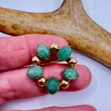 Vintage Green Jade Brooch Pin - Gold Filled with Velvet Choker - Small Lucky Jade Design