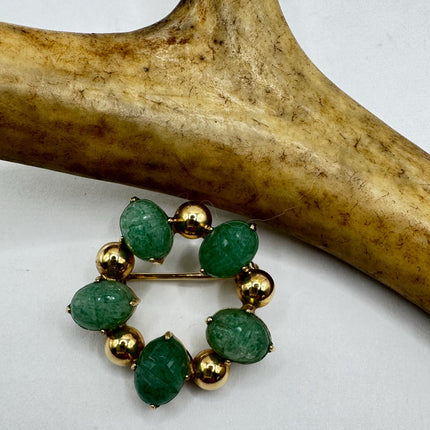 Vintage Green Jade Brooch Pin - Gold Filled with Velvet Choker - Small Lucky Jade Design