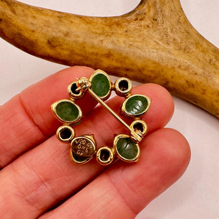 Vintage Green Jade Brooch Pin - Gold Filled with Velvet Choker - Small Lucky Jade Design