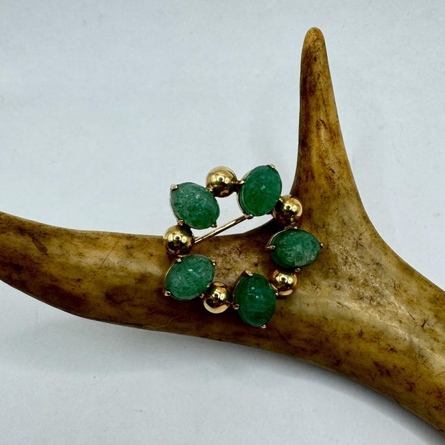 Vintage Green Jade Brooch Pin - Gold Filled with Velvet Choker - Small Lucky Jade Design