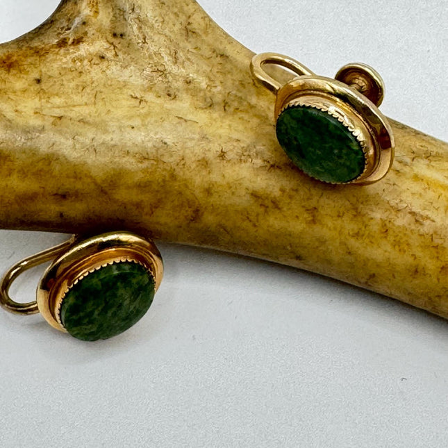 Vintage Green nephrite jade Gold Screw Back Clip-On Earrings 12k GF Delicate Gold Clip On Earrings