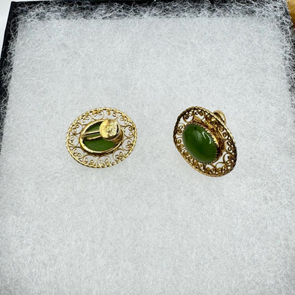 Vintage Green nephrite jade Gold Screw Back Clip-On Earrings 12k GF Delicate Gold Clip On Earrings
