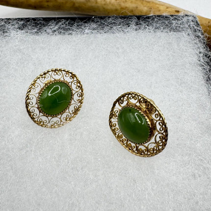 Vintage Green nephrite jade Gold Screw Back Clip-On Earrings 12k GF Delicate Gold Clip On Earrings
