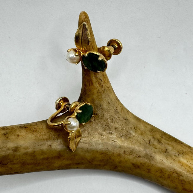 Vintage Green nephrite jade Gold Screw Back Clip-On Earrings 12k GF Delicate Gold Clip On Earrings